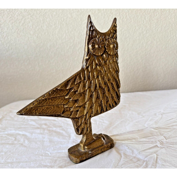 Mid Century Horned Owl Sculpture Modernist Figurine Gold Metal Statue Art MCM - Picture 2 of 9